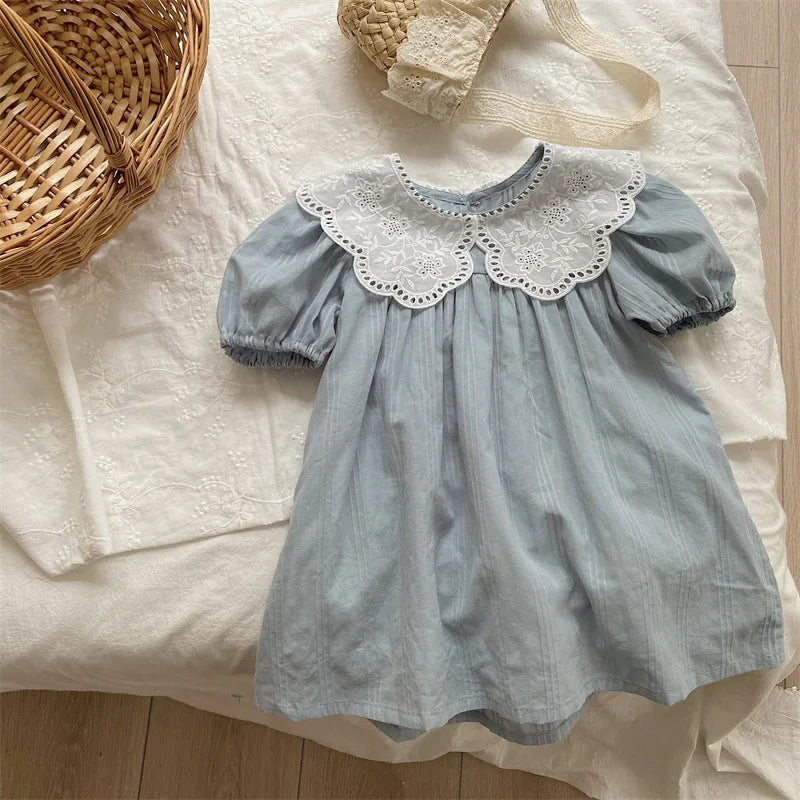 deer jonmi 2026 New Summer Baby Girls Princess Dresses Short Sleeve Korean Style Lace Collar Toddlers Kids Cotton Cute Dress