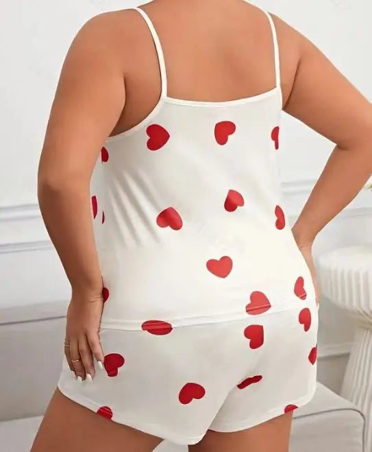 2026 Summer Women's Heart Print Pajama Set Sleeveless Elastic Waist Shorts 2 Pieces Female Sleepwear Nightwear XL-5XL Plus Size