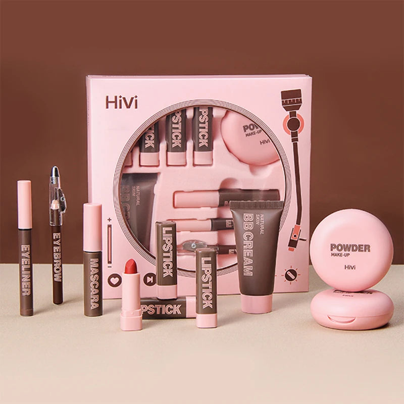 Marie Set de Maquillaje Navideño para Mujer — 9 Labiales, Polvo Compacto, BB Cream, Lápiz de Cejas, Máscara y Delineador para Mujeres y Niñas