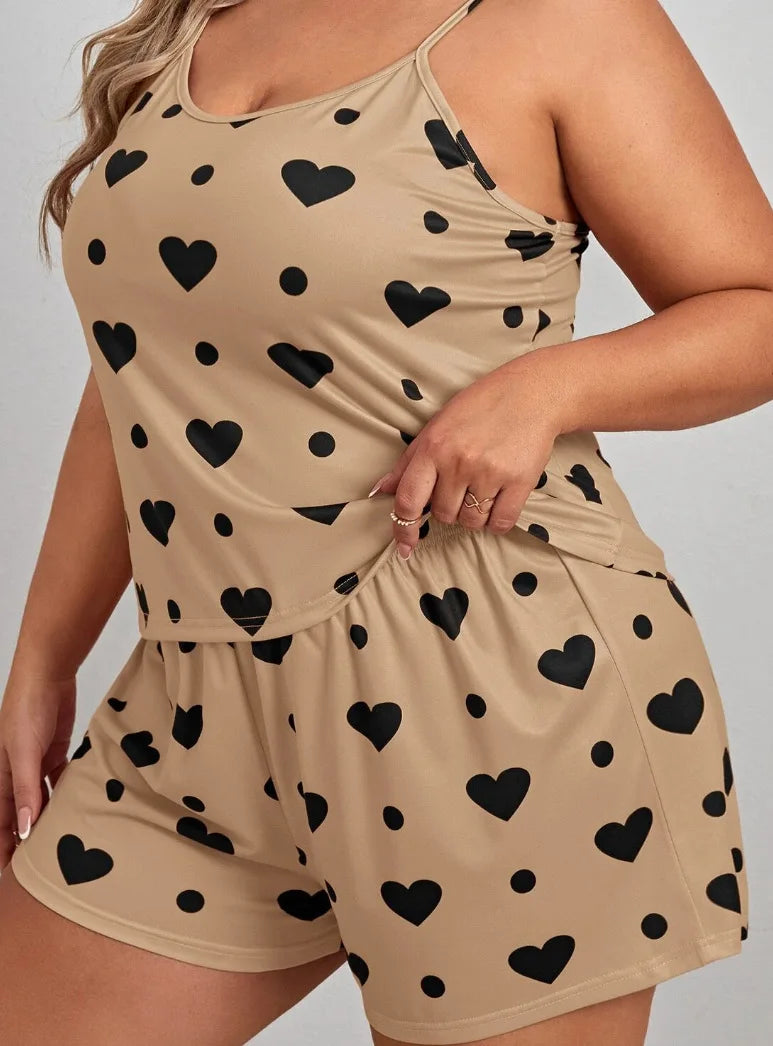 2026 Summer Women's Heart Print Pajama Set Sleeveless Elastic Waist Shorts 2 Pieces Female Sleepwear Nightwear XL-5XL Plus Size