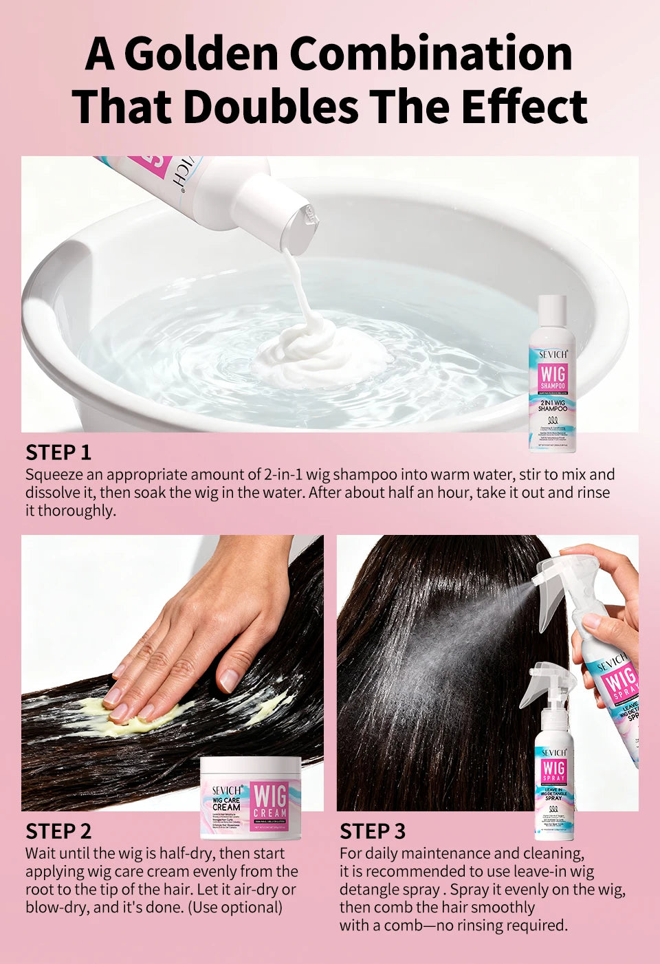 2 IN 1 Wig Shampoo For Synthetic Hair Soak & Rinse Deep Cleansing Revitalizes, Moisturizes Anti-Frizz Softening Wig Care Product