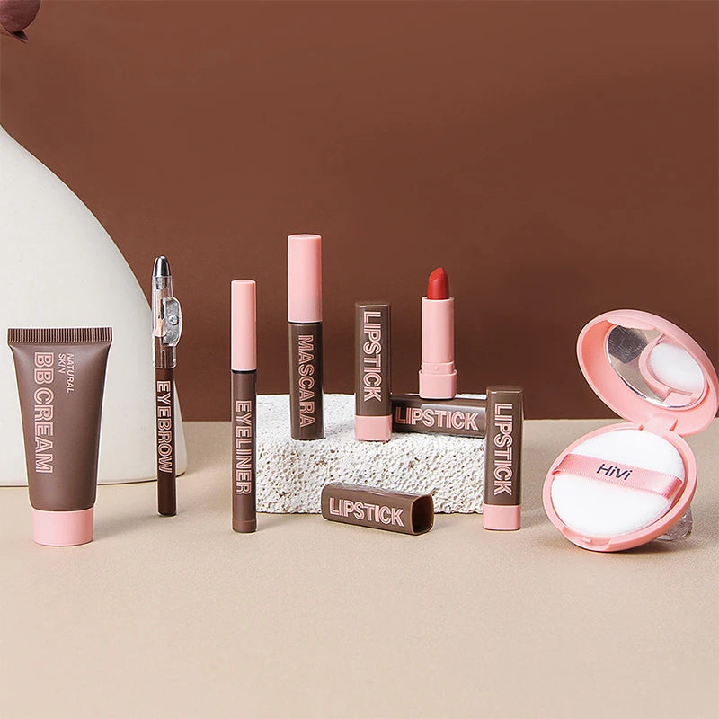 Marie Set de Maquillaje Navideño para Mujer — 9 Labiales, Polvo Compacto, BB Cream, Lápiz de Cejas, Máscara y Delineador para Mujeres y Niñas