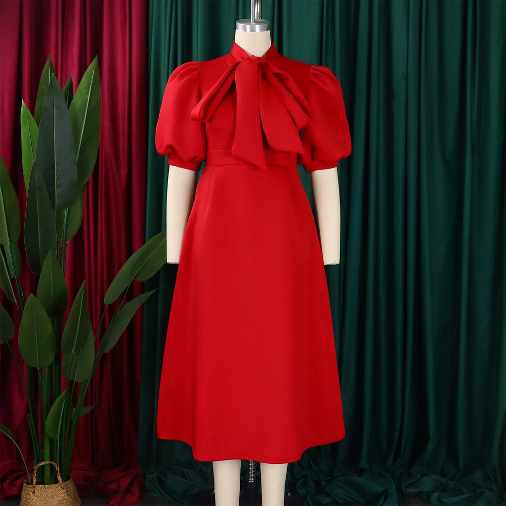 Elegant Party Dresses for Woman 2024 Luxury Bow Collar Short Sleeve High Waisted A Line Pleated Ankle Length Birthday Party Robe