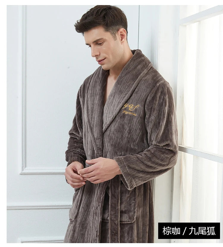Plus Size 3XL 4XL Men Flannel Robe Winter Thickened Sleepwear Kimono Bathrobe Gown Warm Coral Fleece Loose Home Wear Nighwtear