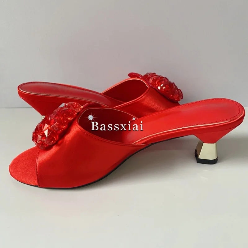 Red Silk Slingback Sandals with Unique Beaded Sequin Flower Design Strange Heel Summer Mules for Women