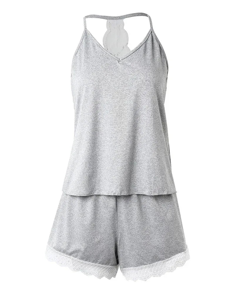 Women's Crochet Lace 2 Pieces Pajamas Sleeveless V-Neck Set Casual Sleepwear Suit Sexy Solid Home Clothes Summer Wear