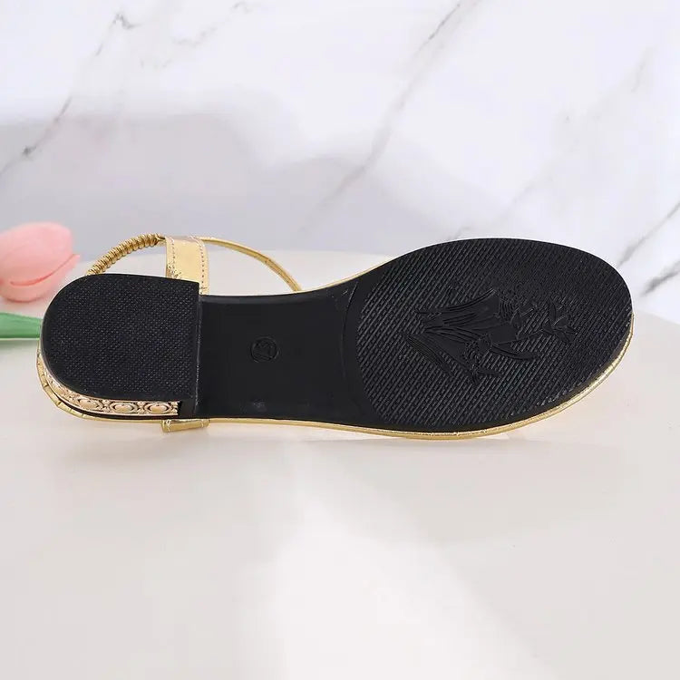 Women's Sandals Low Block Heel Rhinestone Leaf Thong Style Elastic Slingback Glossy Finish Summer Vacation Casual Dressy Shoes