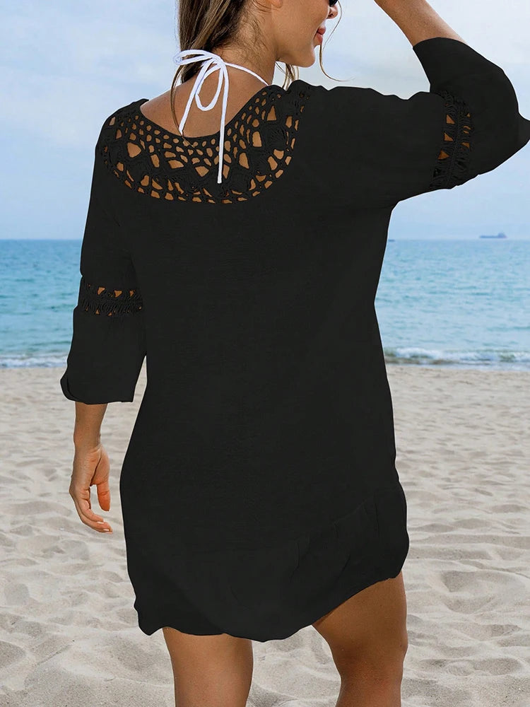 Sexy Hollow Out Beach Dress Women Hand Hook Stitching Crochet Swimsuit Cover Up Vestidos Female Bathing Suit Cover-Up Mini Dress