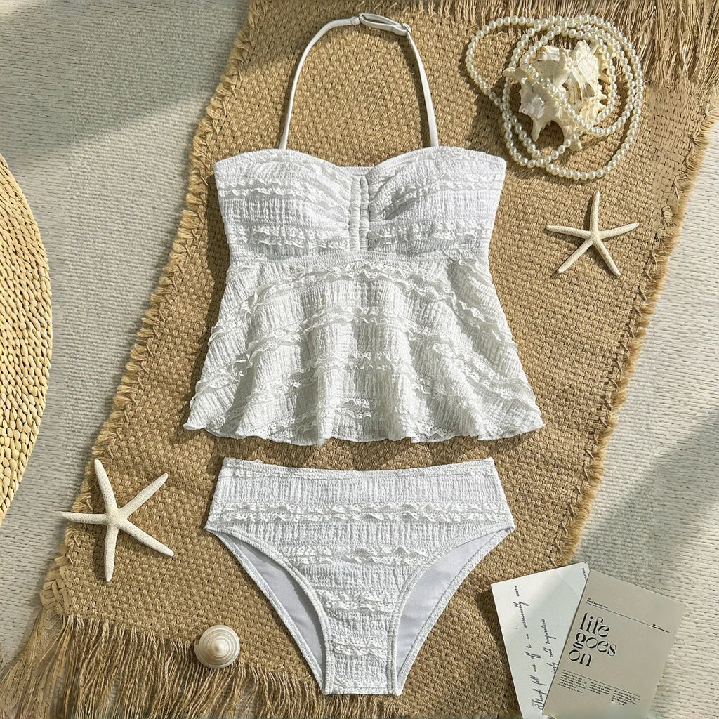 2pcs Tween Girl Black White Color Bikini Swimsuit Set Solid Color Swimwear For Children Girls for Summer Beach Holidays Outfit