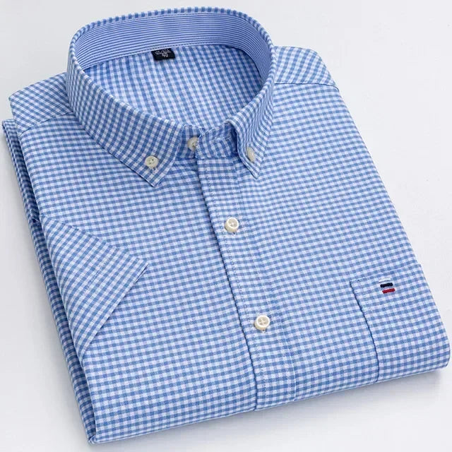 2026 100% Pure Cotton Men's Oxford Short Sleeve Square Collar Soild Plaid Striped Summer Casual Shirts Single Pocket  Shirt