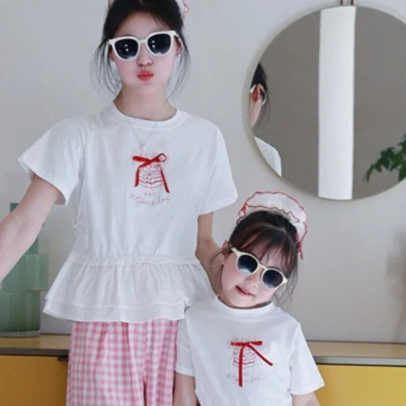 2025 Mother Daughter Matching Outfits Pink White Checkered Pants Tshirt Set Summer Casual Family Clothes Vacation Suits Mom
