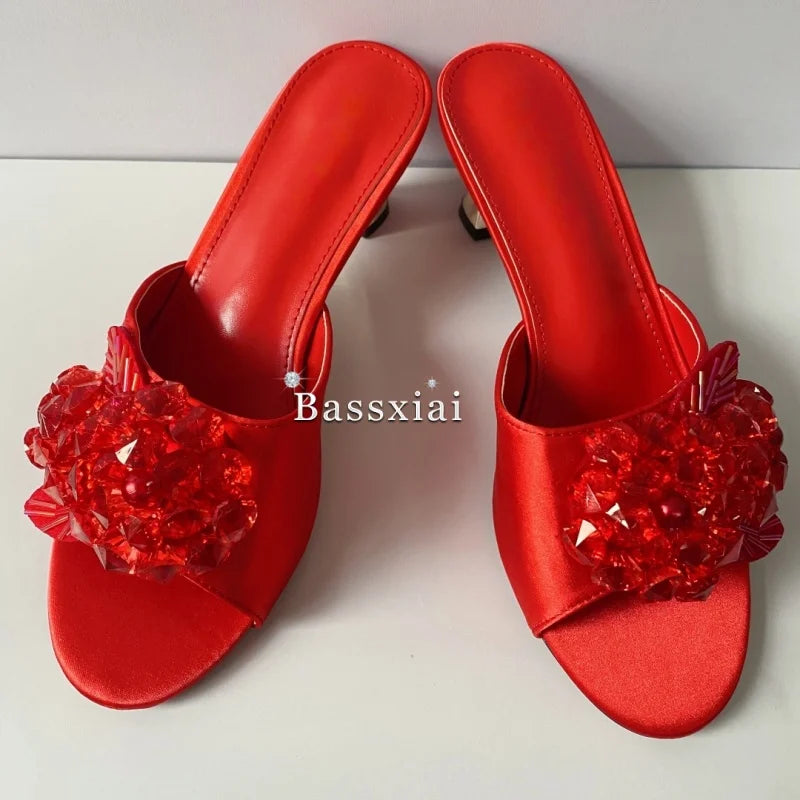 Red Silk Slingback Sandals with Unique Beaded Sequin Flower Design Strange Heel Summer Mules for Women