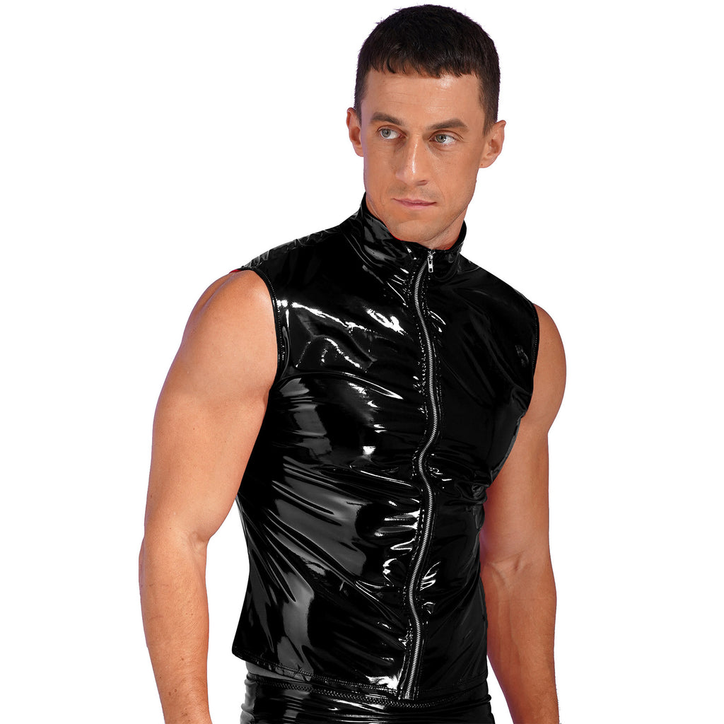 Mens Glossy Patent Leather Crop Tops Patent Leather Stand Collar Vest Top Clubwear Zipper Sleeveless Jacket Gothic Punk Clubwear