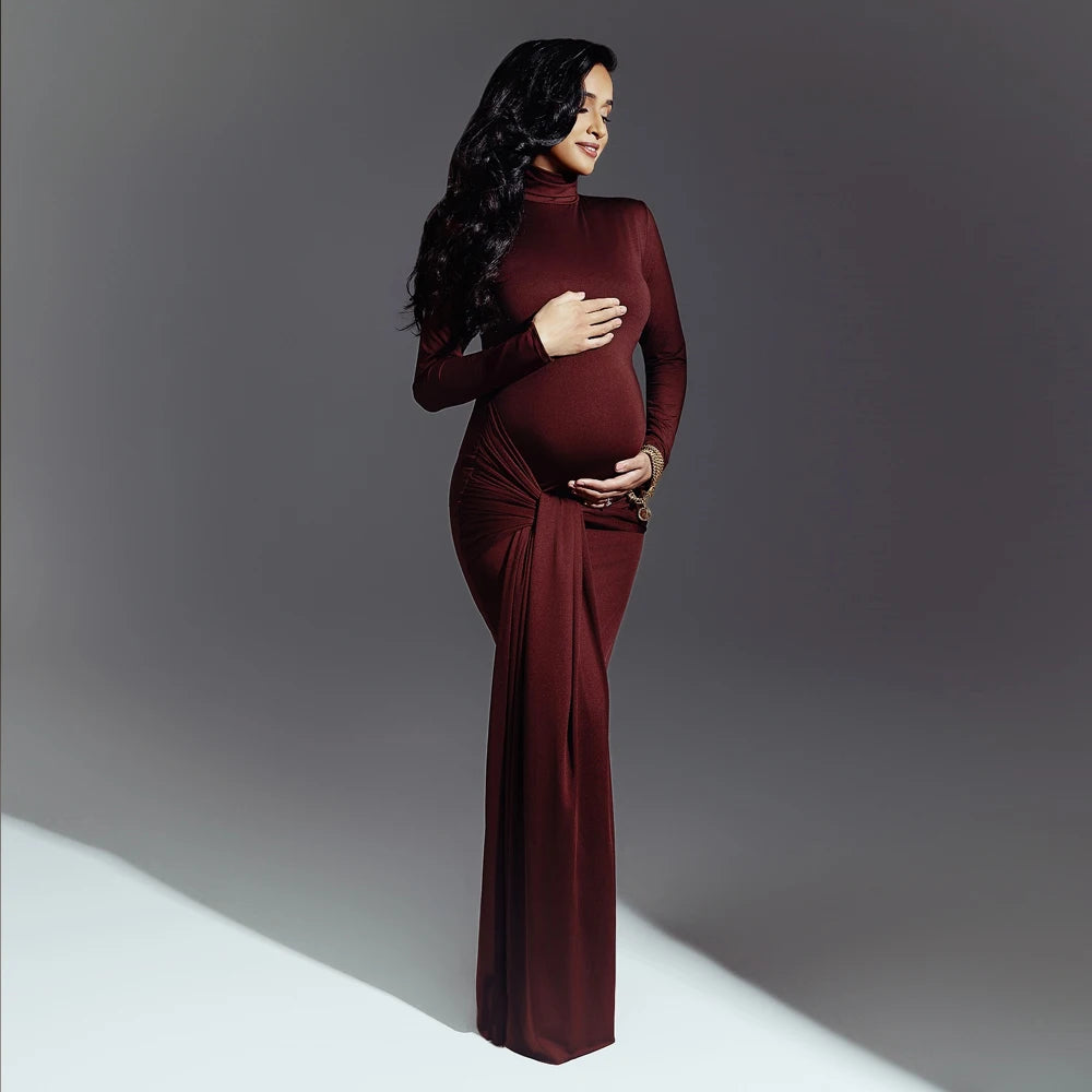 Maternity Photography Dresses High Neck Long Sleeved Fashionable Patchwork Strap High Elasticity Slim Fit Pregnant Women Dress