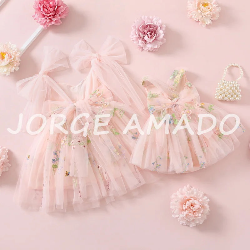 2026 Easter Kids Dress Girl Summer Dress Floral Bow Sleeveless Dance Performance Dress Girls Clothes E1236