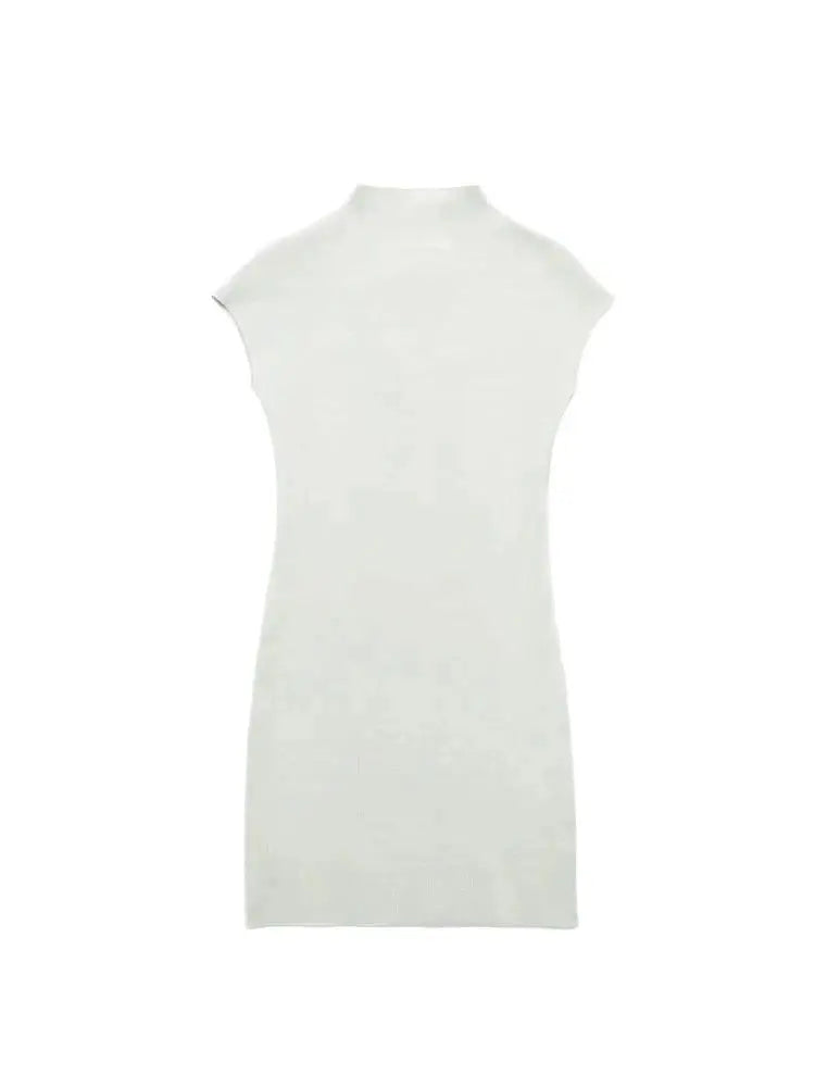 TRZA Women Fashion Stretch Knit Mini Dress Vintage High Neck Sleeveless Female Dresses Vestidos Mujer