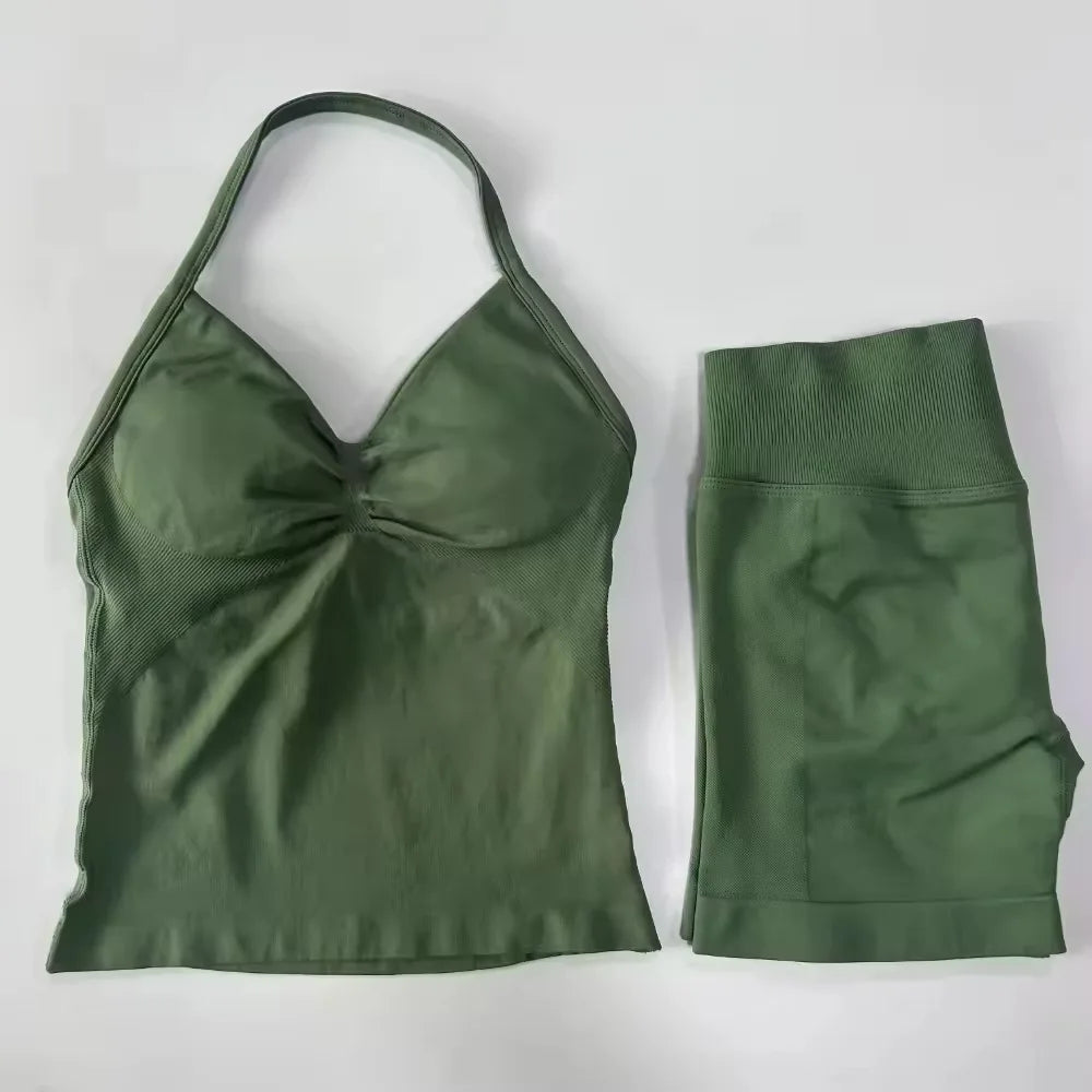 Workout Set 2 Pieces Sports Set Women Backless Tank Tops High Waist Scrunch Seamless Shorts Sport Suit Gym Set Sportswear