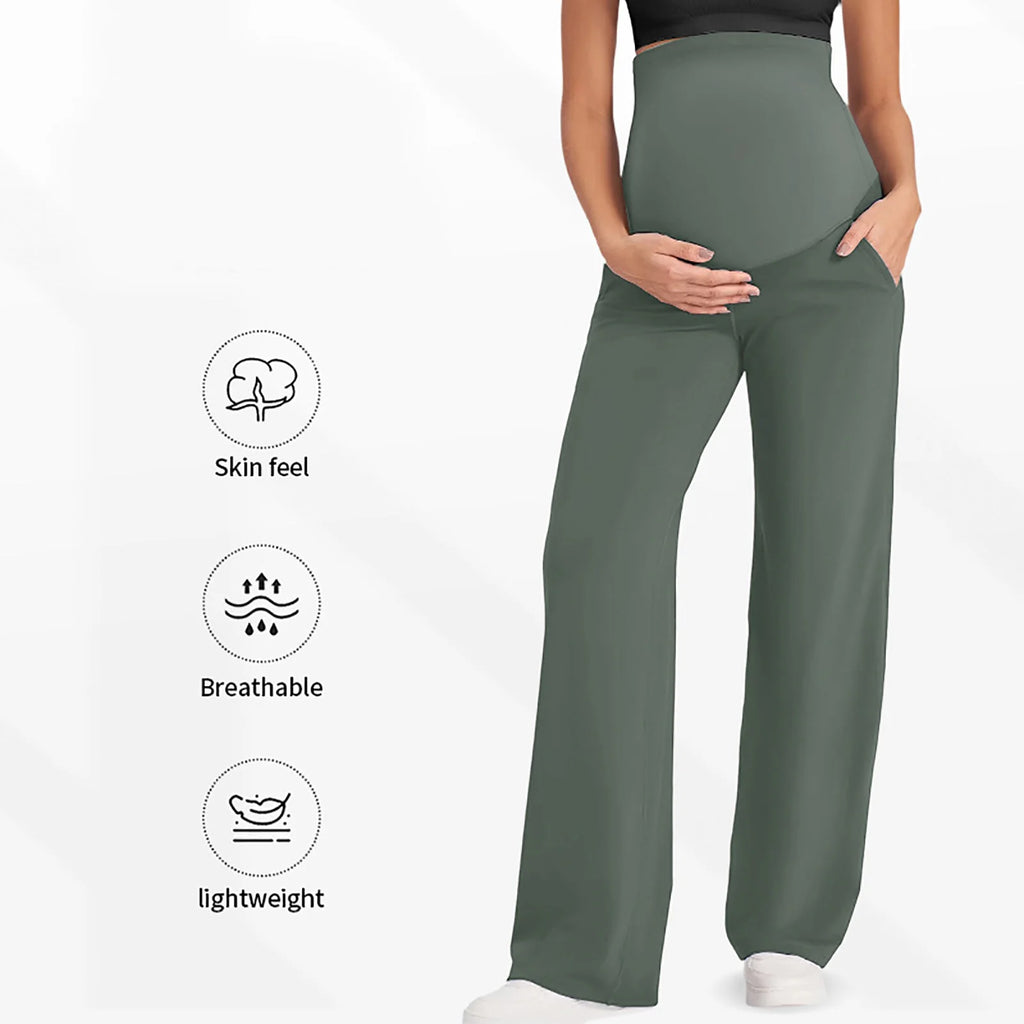 Maternity Pants Over The Belly Yoga Dress Elastic Waistband Stretchy Wide Leg Work Pregnancy Trousers with Pockets Sportswear