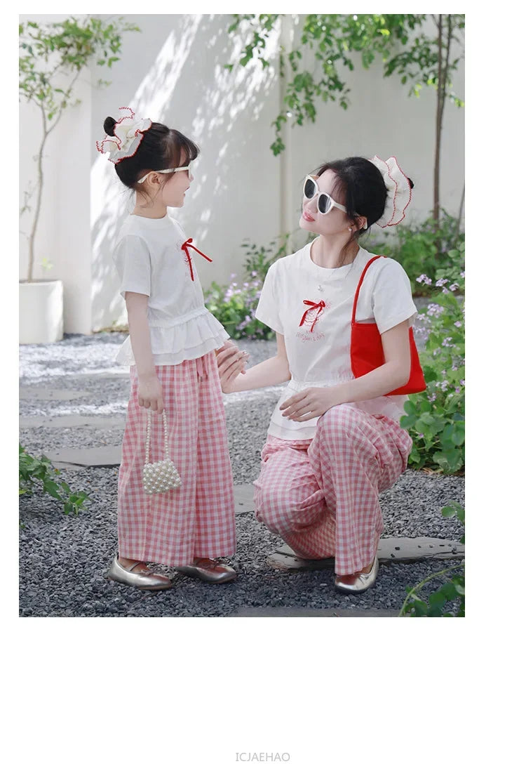 2025 Mother Daughter Matching Outfits Pink White Checkered Pants Tshirt Set Summer Casual Family Clothes Vacation Suits Mom