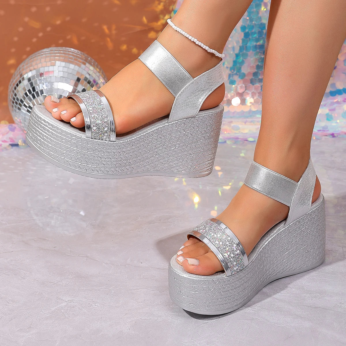 Fashion Golden Glitter Platform Sandals Women 2026 Summer Elastic Band High Heel Wedge Sandals Woman Outdoor Slippers
