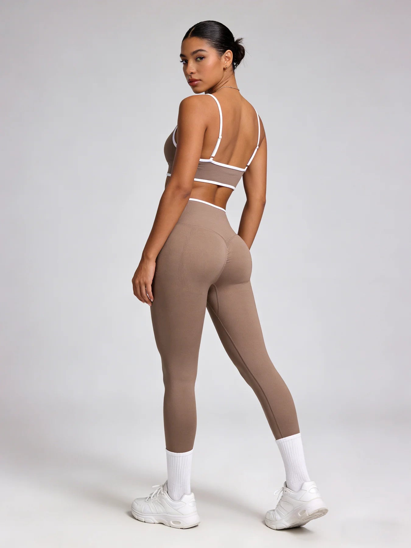 Women 2 Piece Yoga Set Black White Contrast Trim Thin Strap Sports Bra & High Waist Leggings Seamless Workout Gym Fitness Outfit