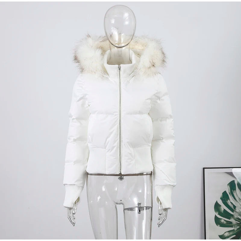 Chic Fur Collar Hooded Women's Cotton Jacket Solid Zipper Slim Waist Pocket Warm Thick Coat 2025 Autumn Winter Lady New Outwear