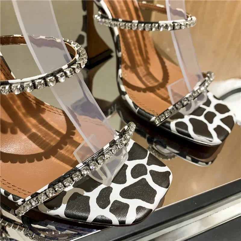 Women's Sandals  European and American Summer New High Heels Banquet Fashion Rhinestone Chain Open Toe Fine Heel Roman Sandals