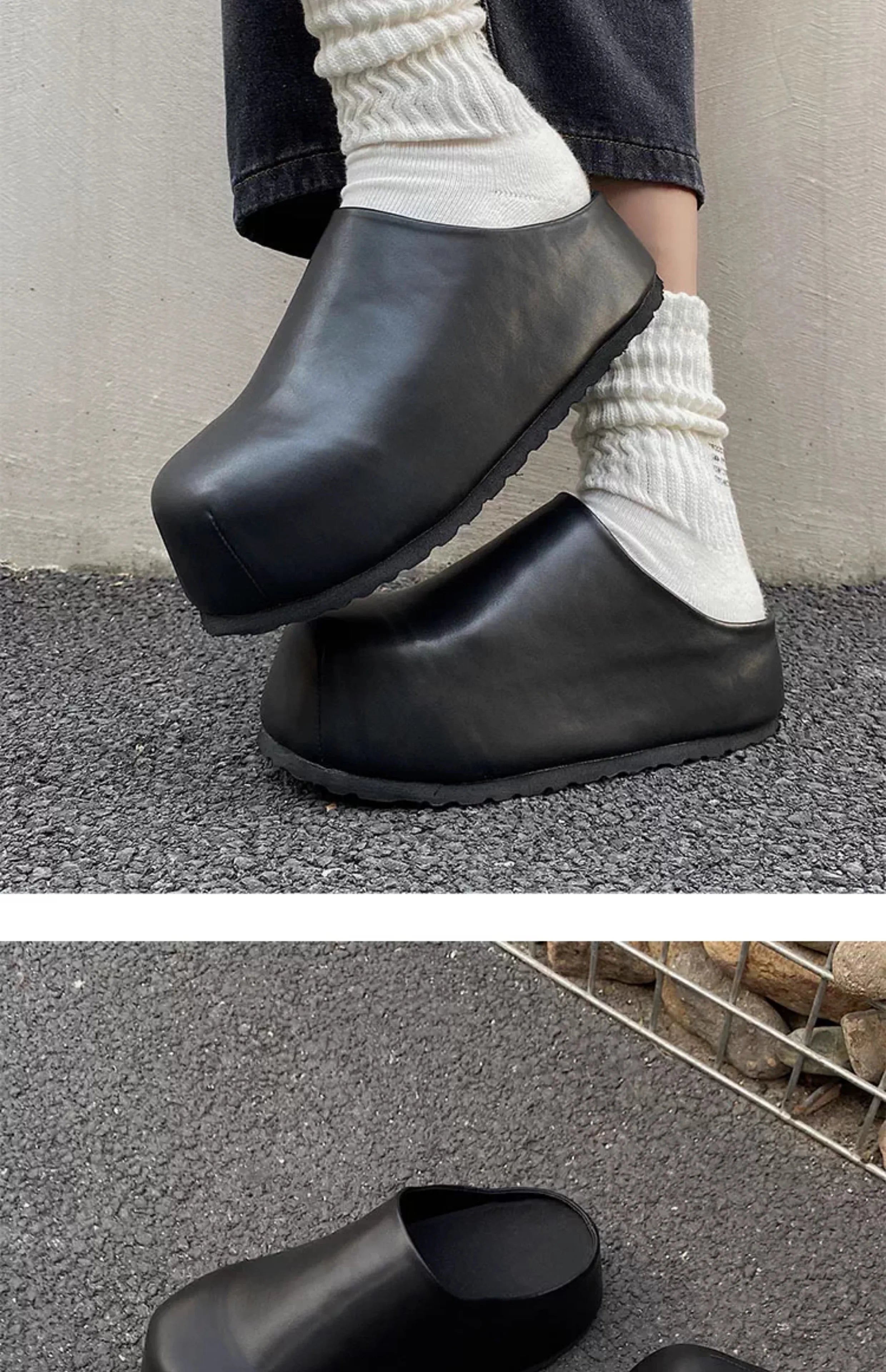 Black Boken leather shoes for men's thick soled design slippers summer new big toe mules shoes outdoor
