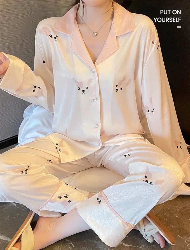 Maternity 2-Piece Set of Ice Silk Pajamas Comfortable Silk Long-Sleeved Trousers Herringbone Pattern Jacquard Silk Loungewear