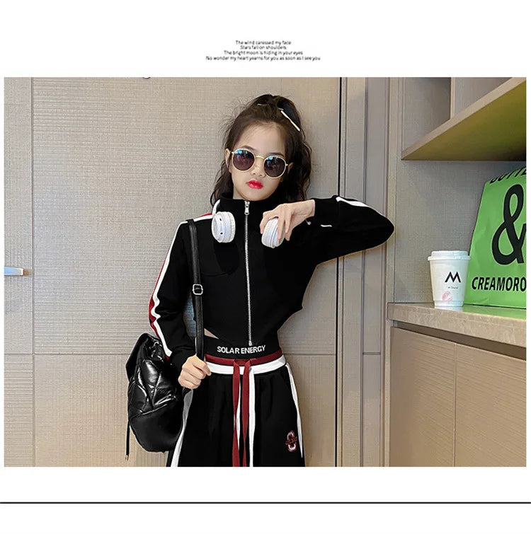 Childrens teenager girls Clothing Set Casual Sportwear Striped Short Top+Wide leg Pant 2pcs Girls Elastic Waist Trousers 4-15