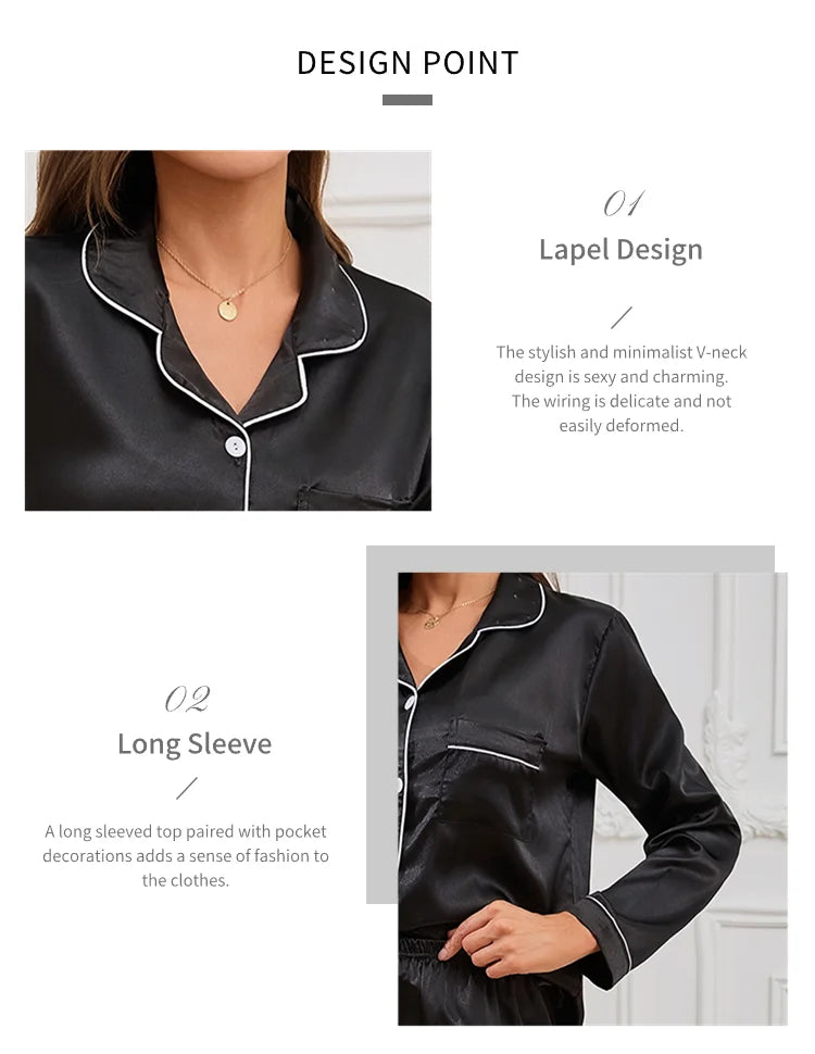 Women Satin Pajamas Autumn Long Sleeve Buttons Lapel Top & Pants Sleepwear 2 Piece Button-Down Pj Set Homewear Cozy Lounge Set