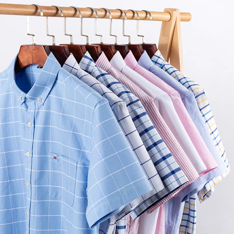 2026 100% Pure Cotton Men's Oxford Short Sleeve Square Collar Soild Plaid Striped Summer Casual Shirts Single Pocket  Shirt