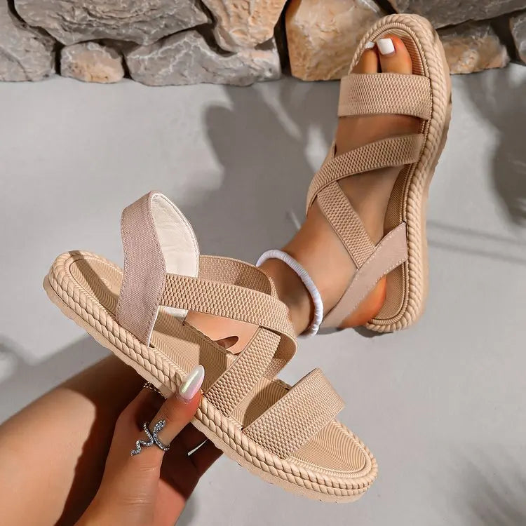 Summer New Flats Sole Women Sandals Fashion Cross Band Plus Size 43 Beach Sandels 2025 Hot Seller Ladies Vacation Zapatillas