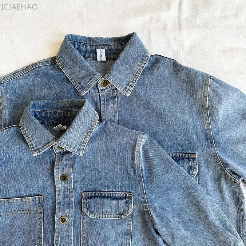 ‌2026 Mother-Child Mother and Son Daughter Matching Fashion Outfits Denim Jacket & Shirt Casual Kids and Adults Tops Autumn