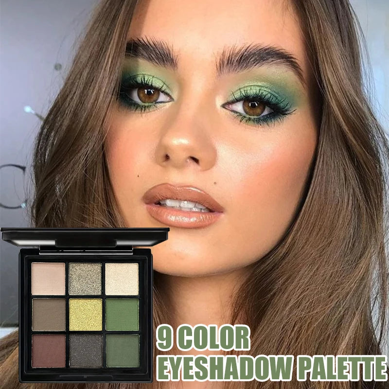 9 Color Eyeshadow Palette Olive Green Smoky Eye Look Pearlescent Shimmer Matte Eyeshadow Powder Makeup Palette Glitter Cosmetics