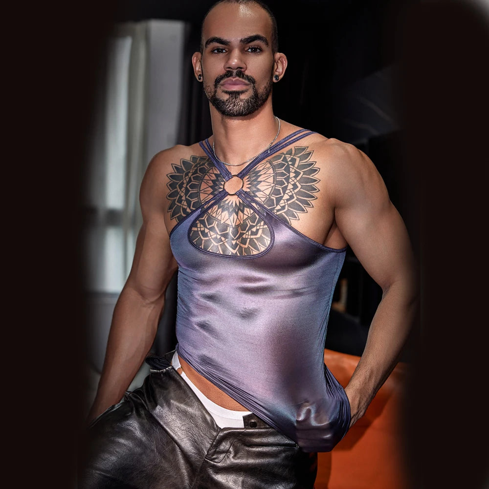 Sexy Men Oil Glossy Shiny Tank Tops Thin High Elastic Men Fashion Vest Shaper Wear Sleeveless T-shirts Allure Cross Tops