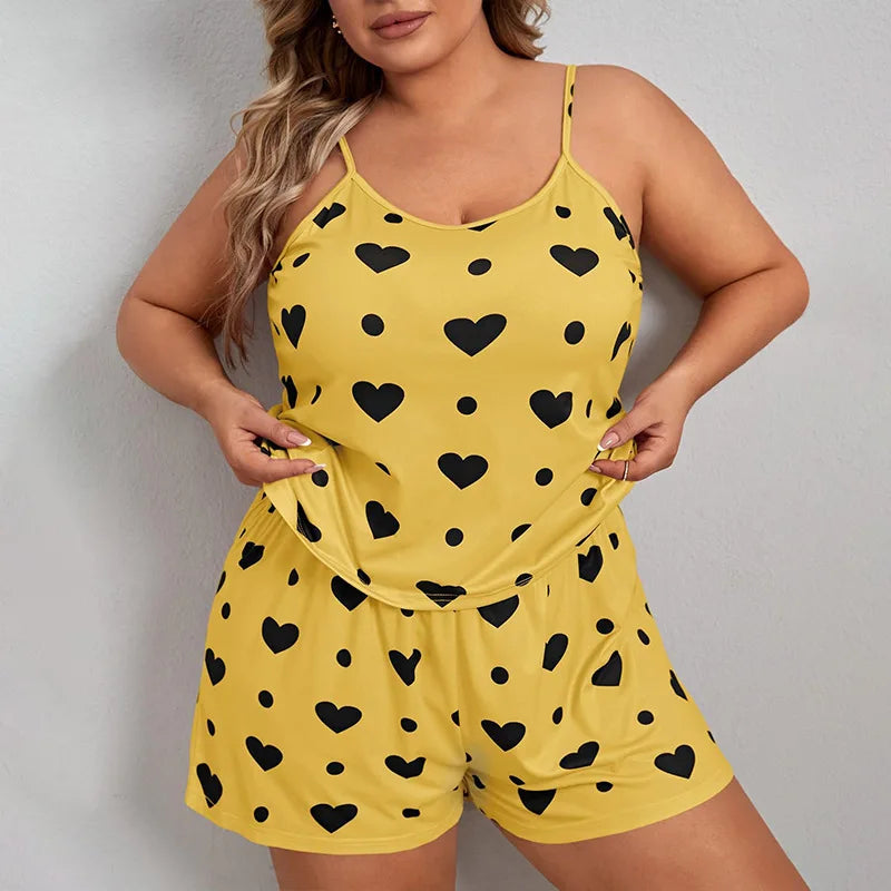 2026 Summer Women's Heart Print Pajama Set Sleeveless Elastic Waist Shorts 2 Pieces Female Sleepwear Nightwear XL-5XL Plus Size