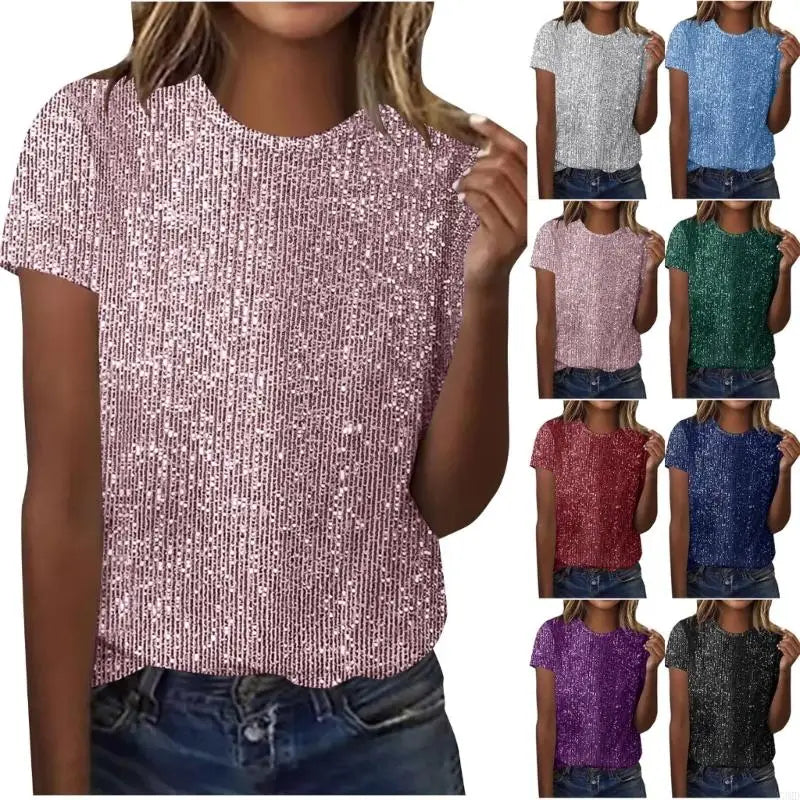 Tops Color for Women Glitter Short Sleeve Shirts Trendy Fashion Crewneck Top Loose Fit Glitter Shirts F3MD