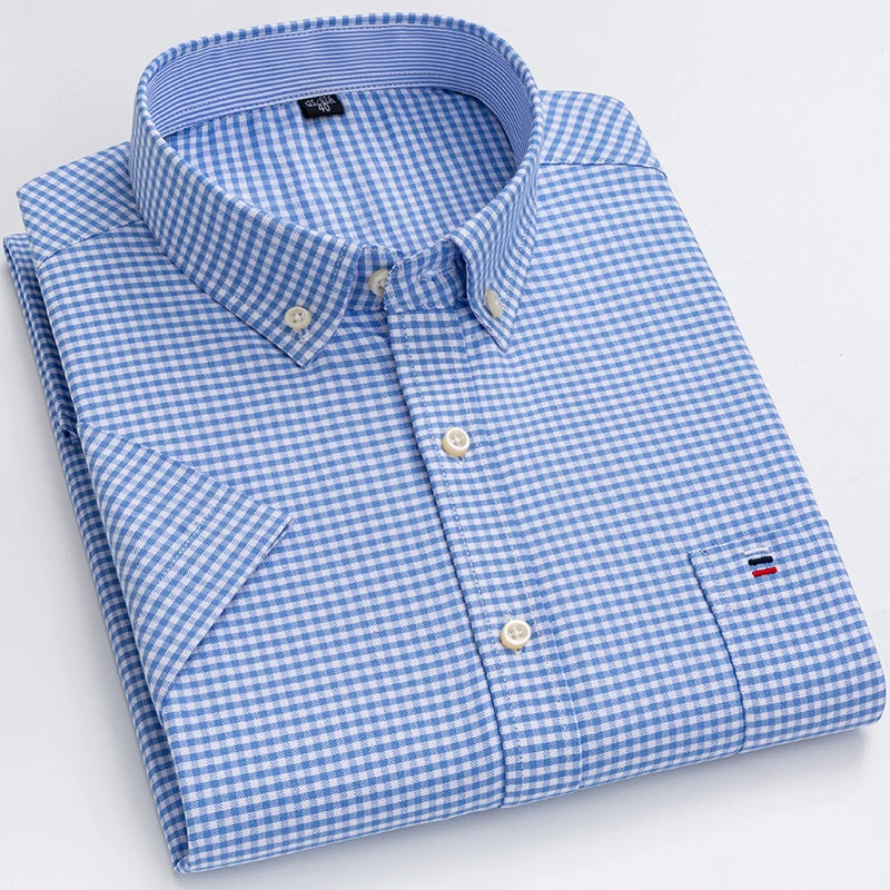 2026 100% Pure Cotton Men's Oxford Short Sleeve Square Collar Soild Plaid Striped Summer Casual Shirts Single Pocket  Shirt