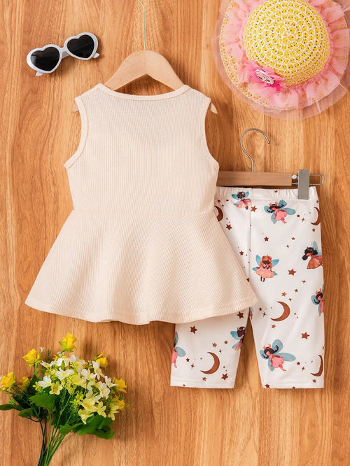 (153) Little Girls' Casual Summer Outfit - Sleeveless Top Set with Fairy and Moon Patterns Paired with Cute Shorts, Two-Piece Set, Comfortable and Cool for Everyday Wear, Made of Breathable and Comfortable Fabric, Suitable fo