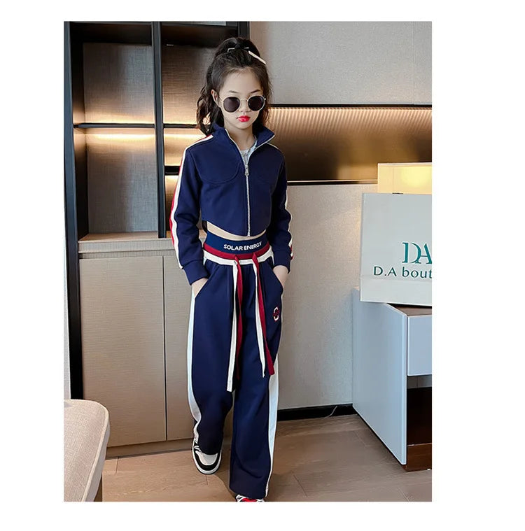 Childrens teenager girls Clothing Set Casual Sportwear Striped Short Top+Wide leg Pant 2pcs Girls Elastic Waist Trousers 4-15