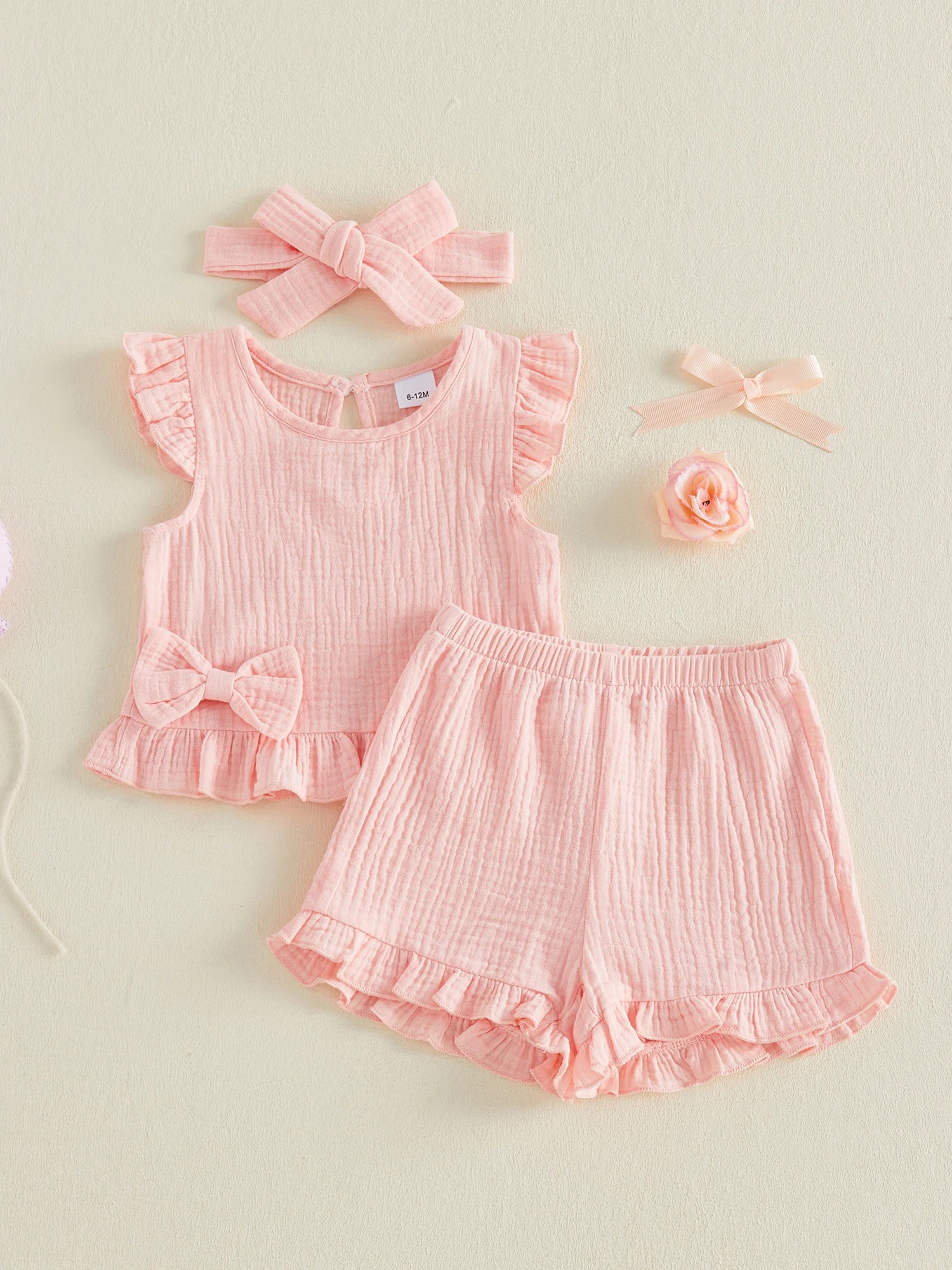 Little Girls 3 Piece Outfits Soft Adorable Solid Color Flying Sleeve Round Neck Tops Shorts Headband Set Baby Clothing