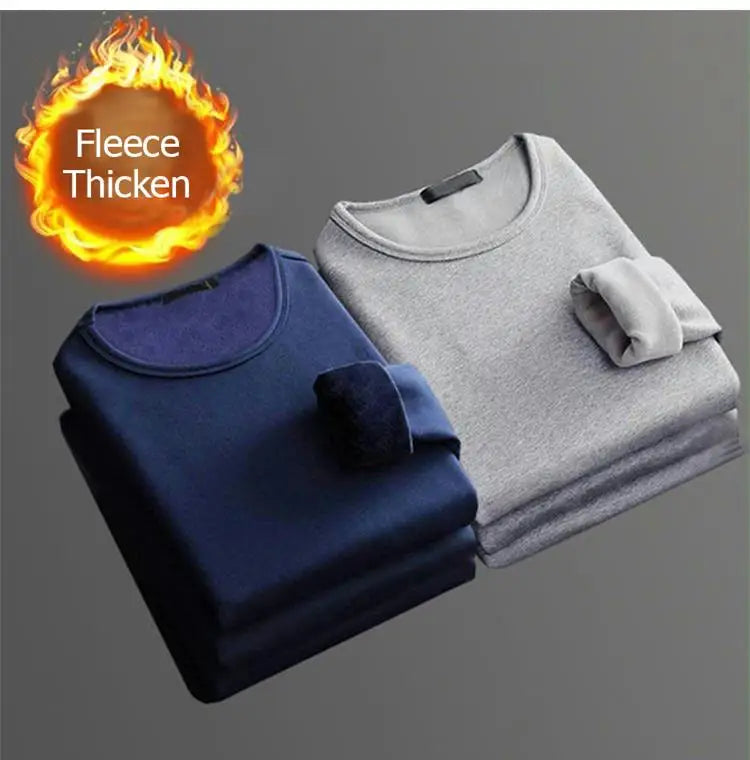 Epligg 1PCS Men's Long-sleeved Winter Thermal Underwear Plus Velvet Padded T-shirt Slim Solid Color O-Neck Bottoming Shirt