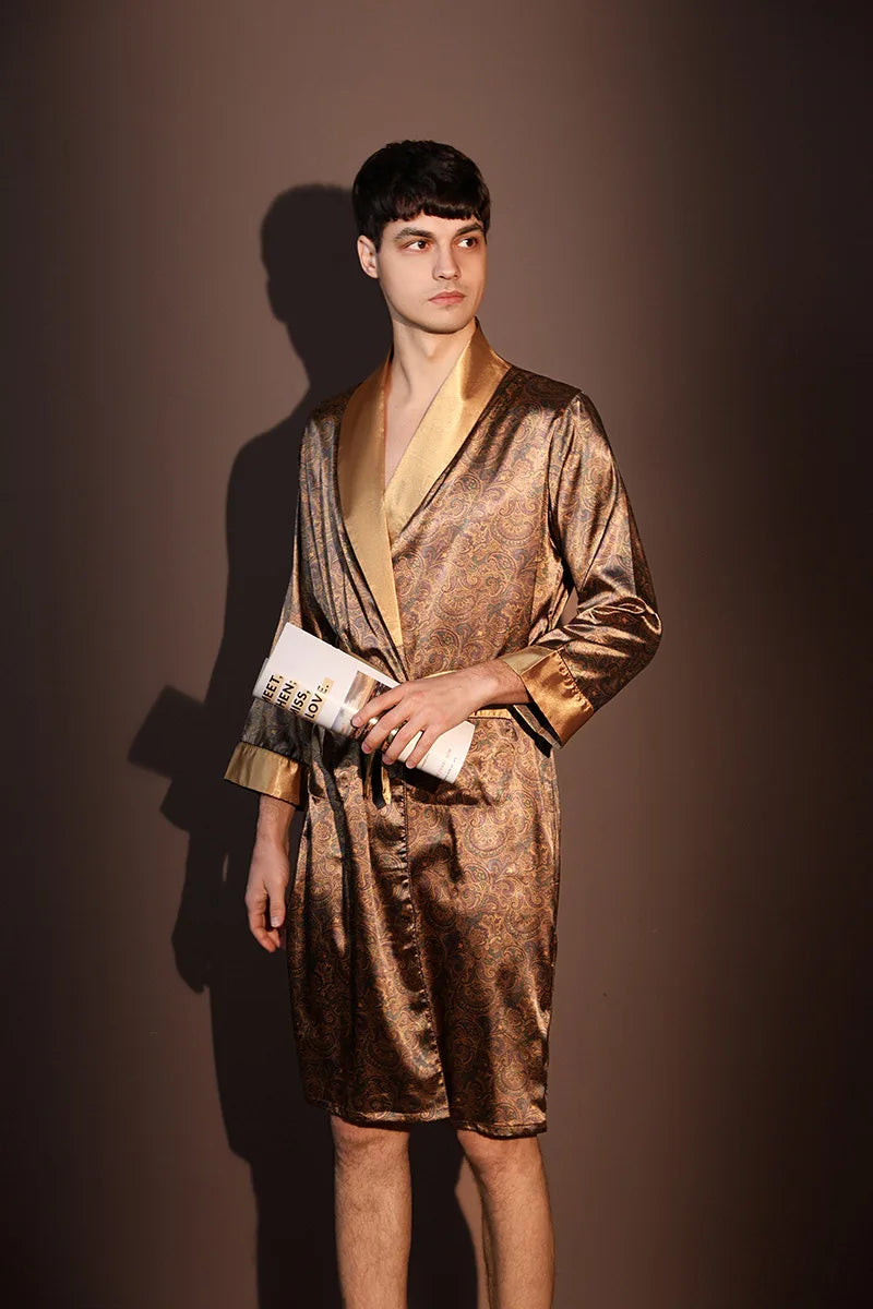 Pajama Men's Robe Kimono Gown Bathrobe with Pockets Print Sleepwear Home Clothing Spring Autumn Satin Nightwear Loose Loungewear