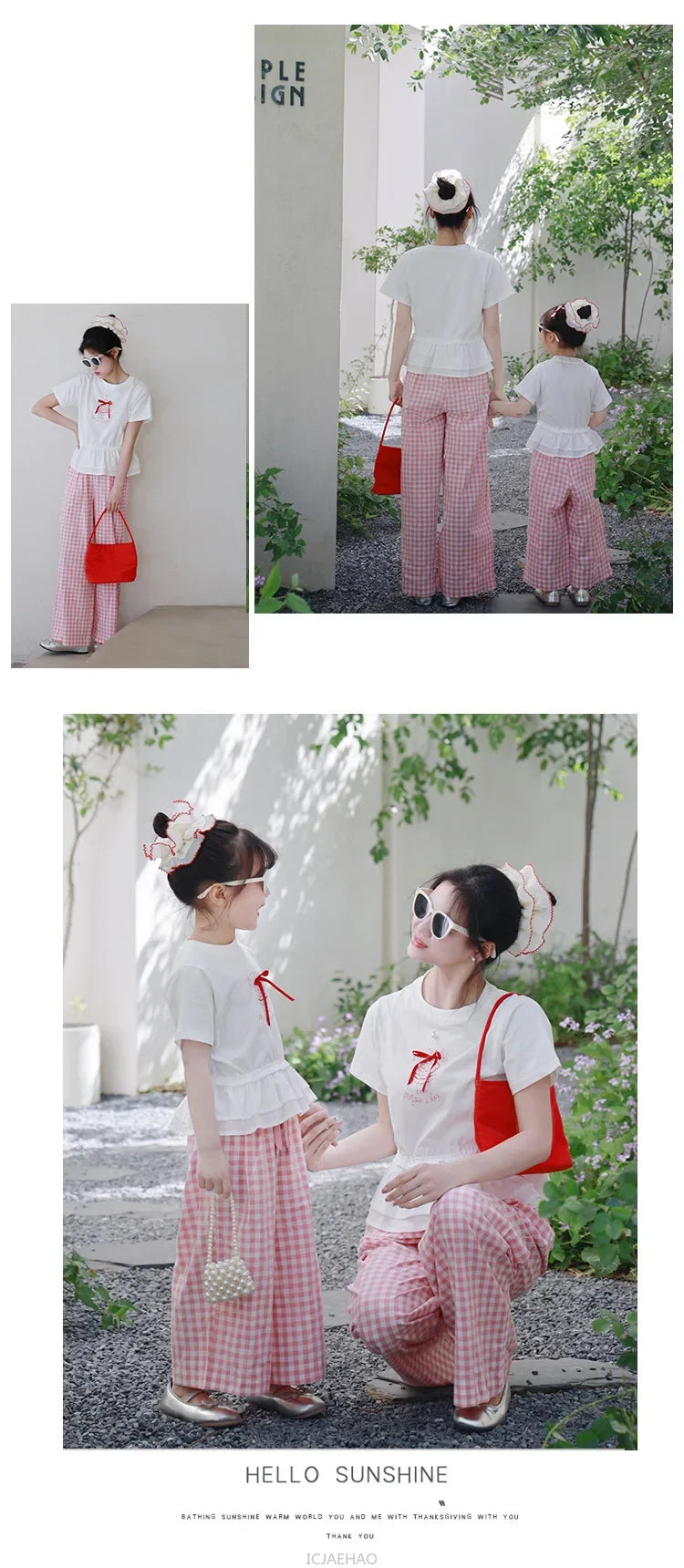 2025 Mother Daughter Matching Outfits Pink White Checkered Pants Tshirt Set Summer Casual Family Clothes Vacation Suits Mom