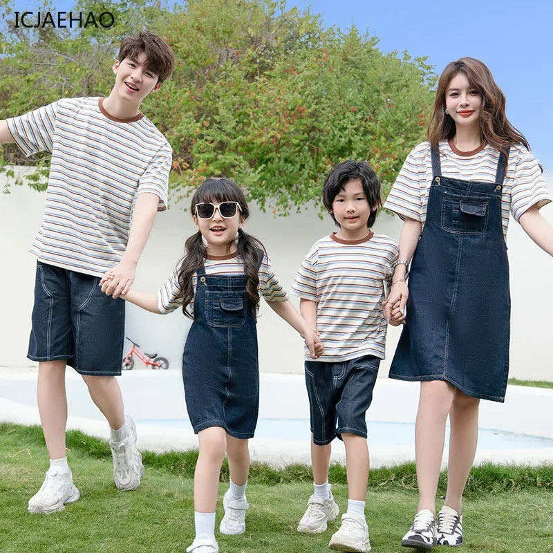 2025 Mom Daughter Father Son Family Matching Summer Cotton Mother Daughter Outfits Twin Wear Casual Striped Tshirt Overalls Set