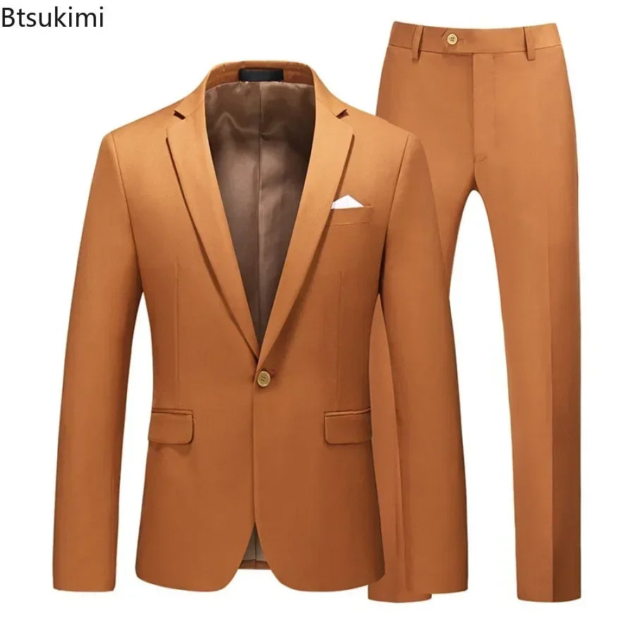 Men's Suits 2 PCS Sets Fashion Business Casual Formal Clothes Man Solid Slim Prom Party Blazer Coats+Trousers Sets Plus Size 6XL