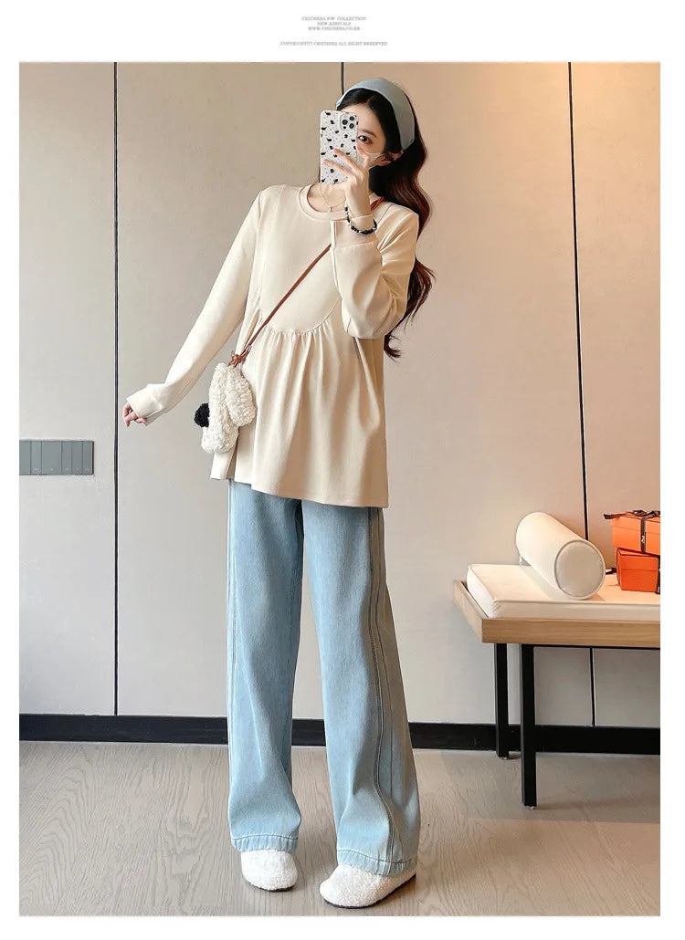 Maternity Sweatshirt Spring Autumn Simple Casual Cute Loose Slim Comfortable Round Neck Long Sleeve Sweatshirt For Pregnancy