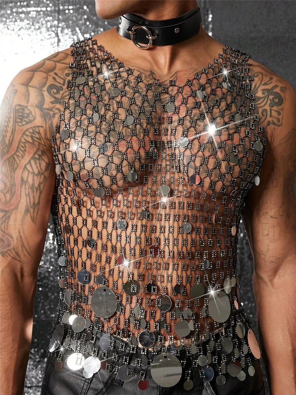 Tank Tops Men Rhinestone Fishnet Shiny Muscle Top Man See Through Vest Round Sequin Sleeveless T-Shirt Party Nightclub Garment
