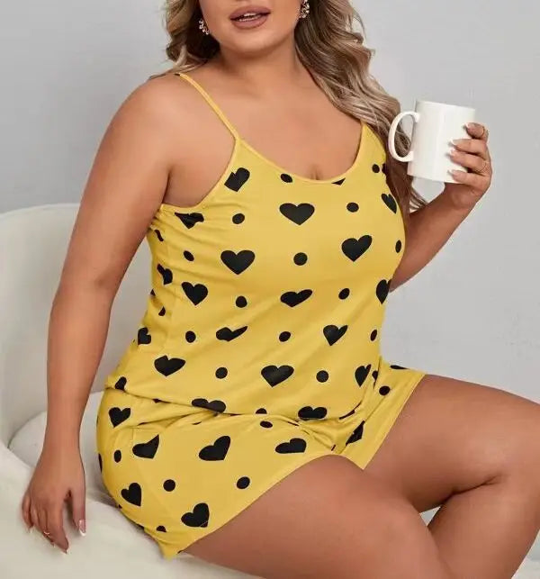 2026 Summer Women's Heart Print Pajama Set Sleeveless Elastic Waist Shorts 2 Pieces Female Sleepwear Nightwear XL-5XL Plus Size